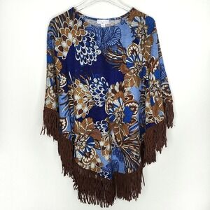 Susan Graver Floral Knit Poncho Fringe Trim Blue Brown XS/S Boho Layering Top‎